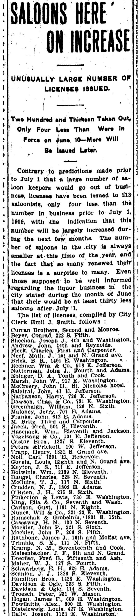 1909 Illinois State Register saloon permit list showing Henry Hofferkamp 2136 North Eighth Street