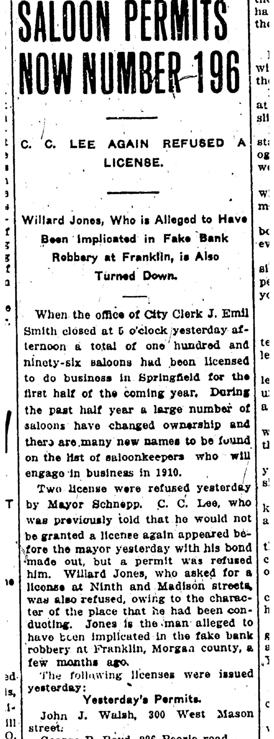 1910 Illinois State Register saloon permits list Springfield