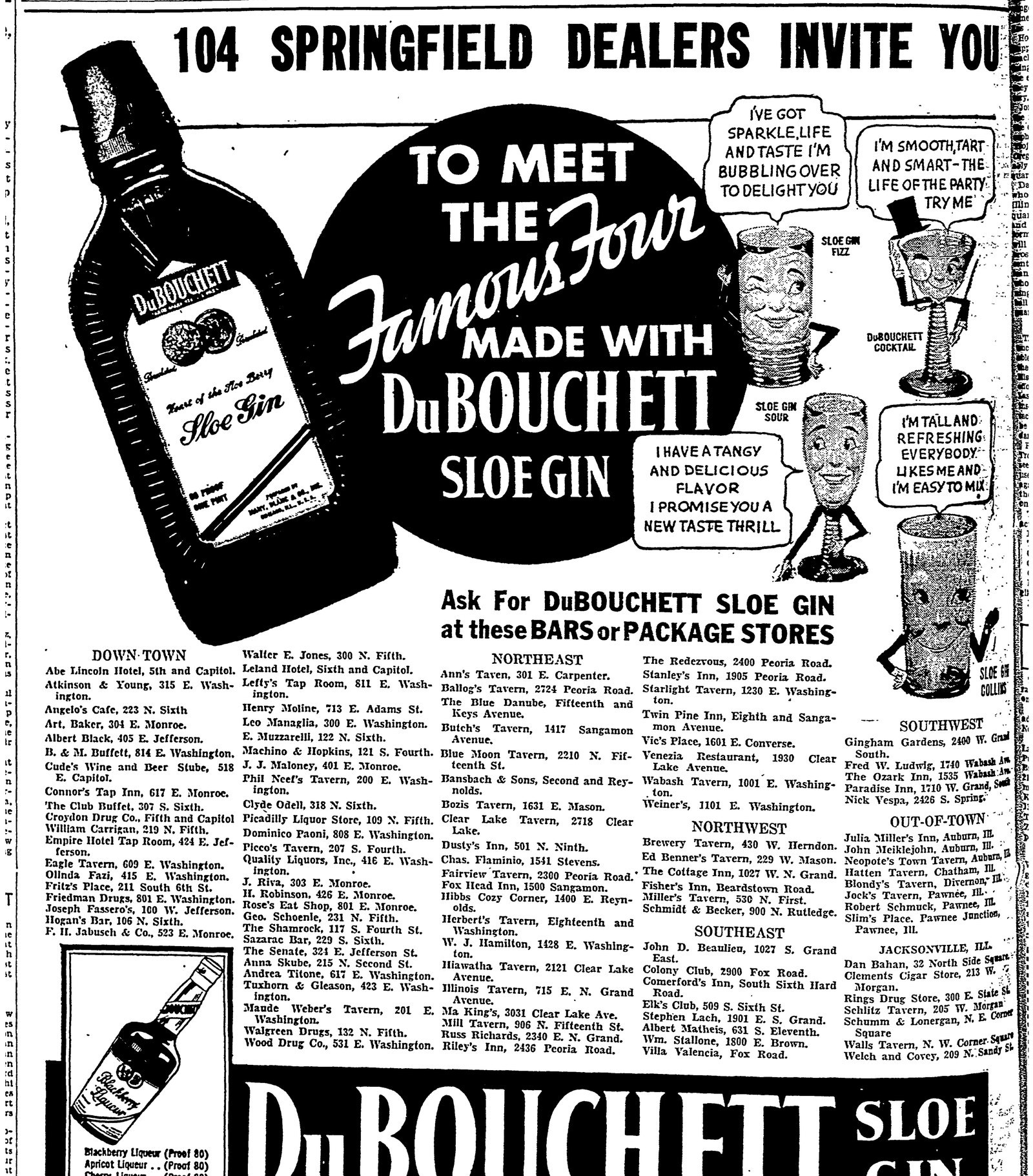 1936 Illinois State Register DuBouchett ad listing Twin Pine Inn Springfield