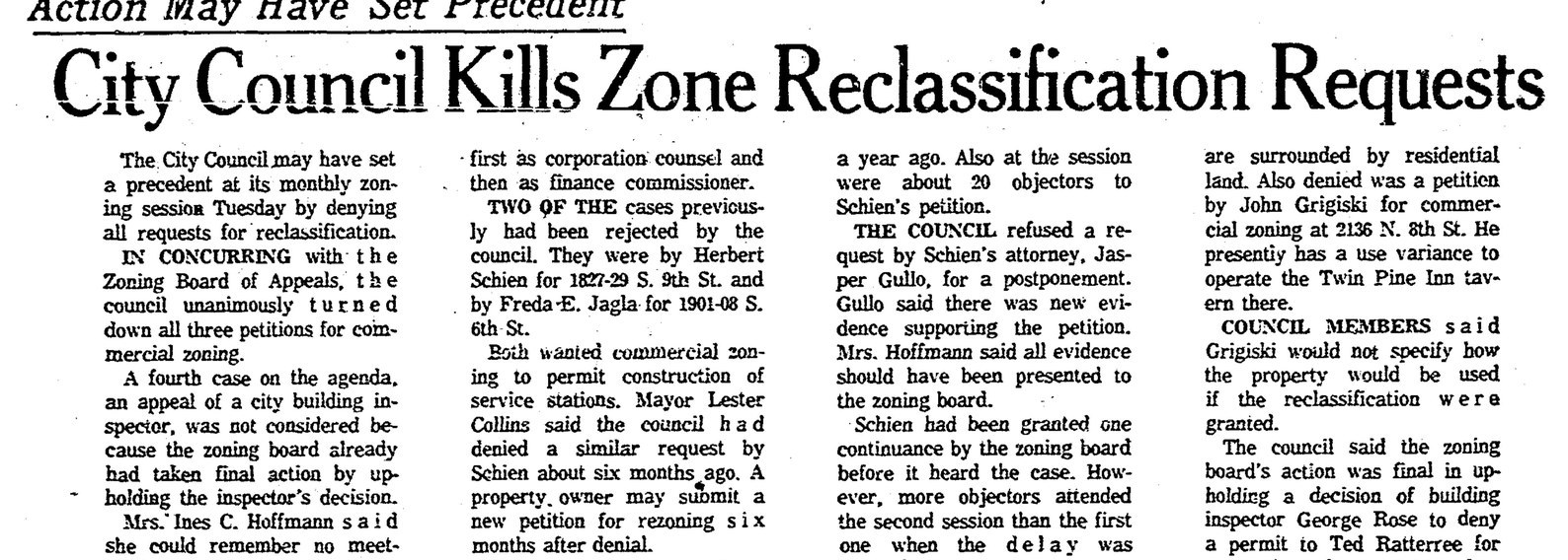 1962 Illinois State Journal City Council article mentioning Twin Pine Inn at 2136 N 8th St Springfield