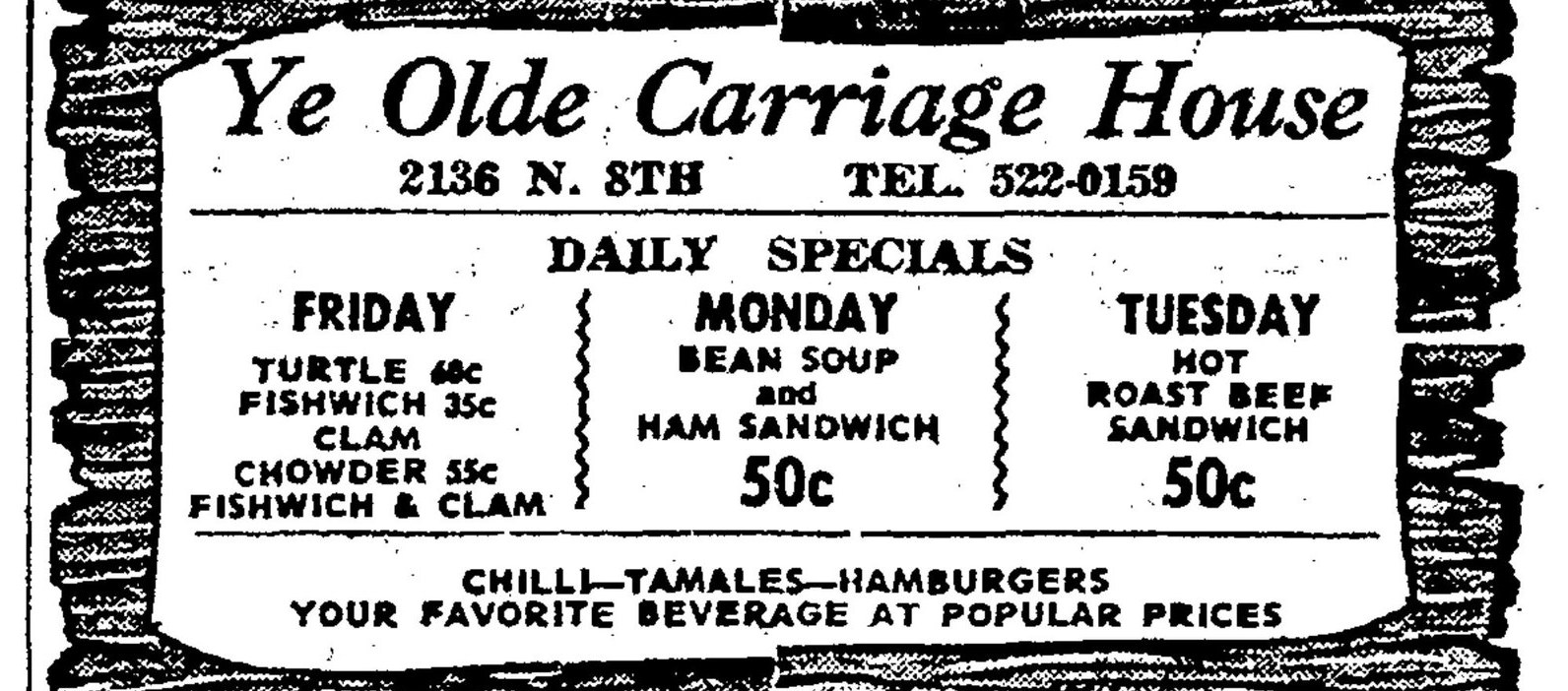 1964 Illinois State Journal ad for Ye Olde Carriage House at 2136 N 8th St Springfield