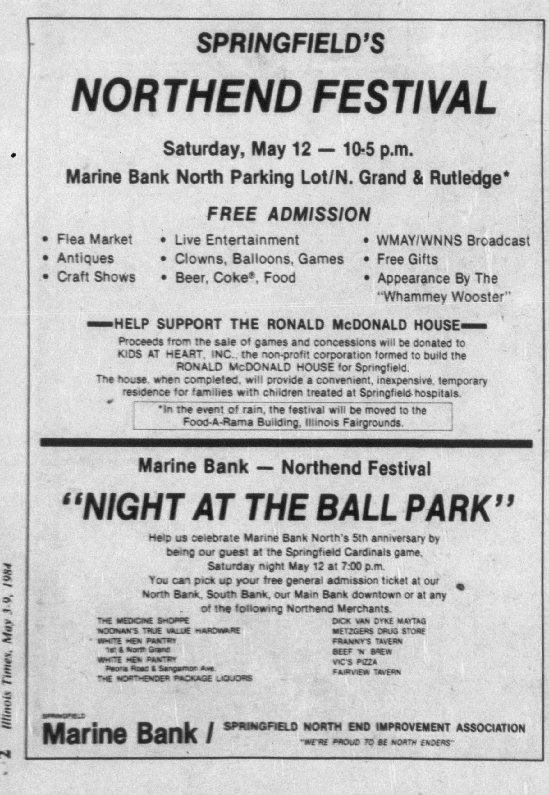 1984 Illinois Times North End Festival ad listing Franny's Tavern