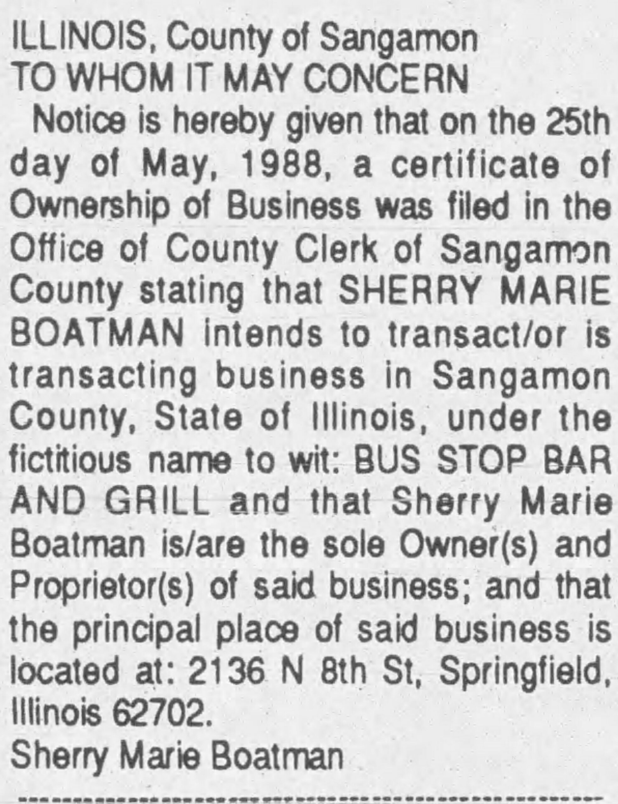 1988 Illinois Times legal notice Bus Stop Bar and Grill 2136 N 8th St Springfield