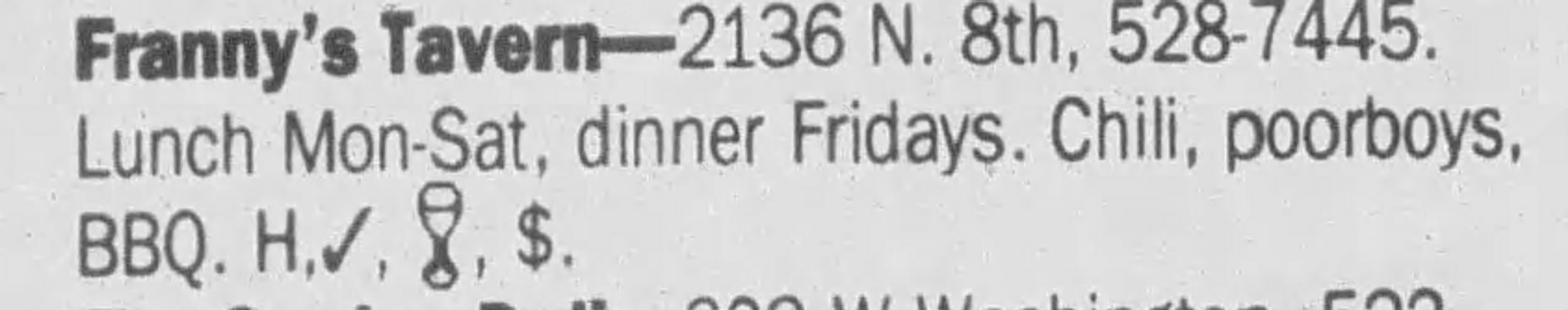 1996 Illinois Times restaurant listing for Franny's Tavern