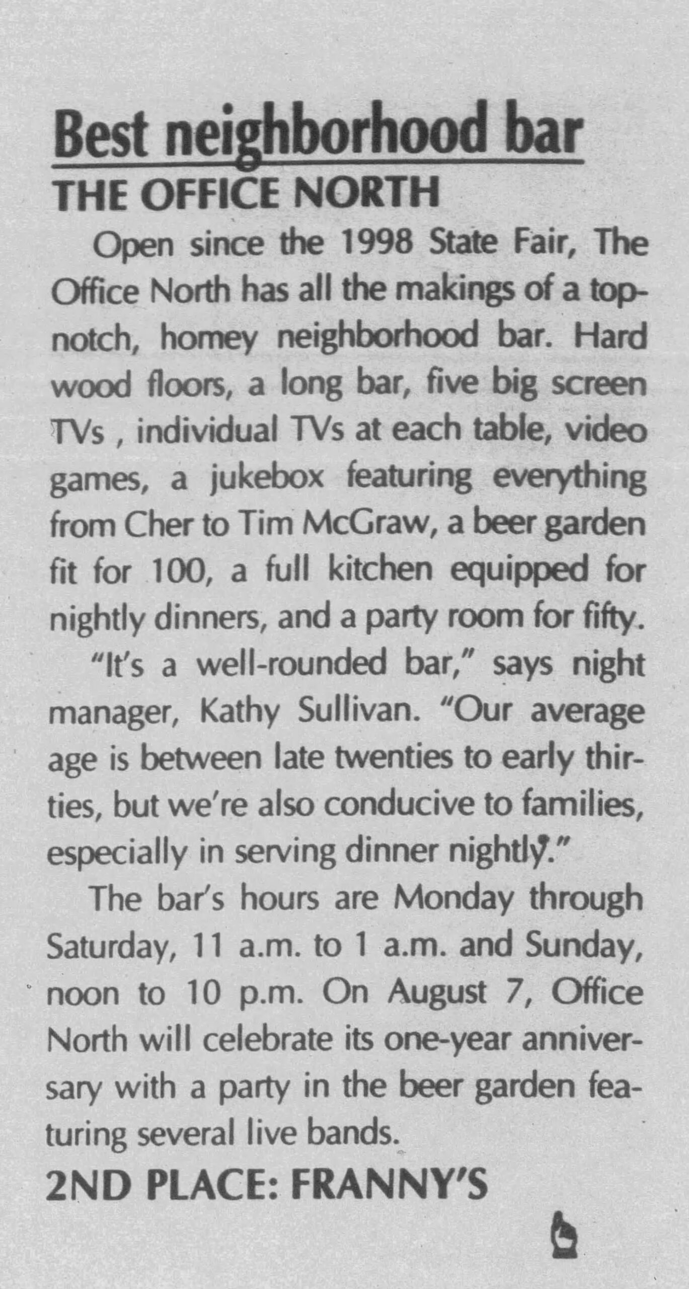 1999 Illinois Times Best Neighborhood Bar - Franny's 2nd place