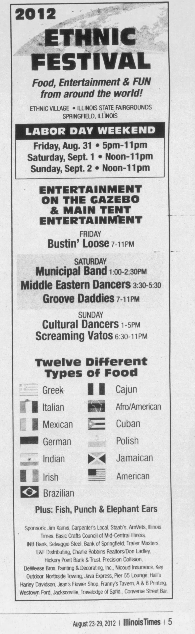 2012 Illinois Times Ethnic Festival ad listing Franny's Tavern as sponsor