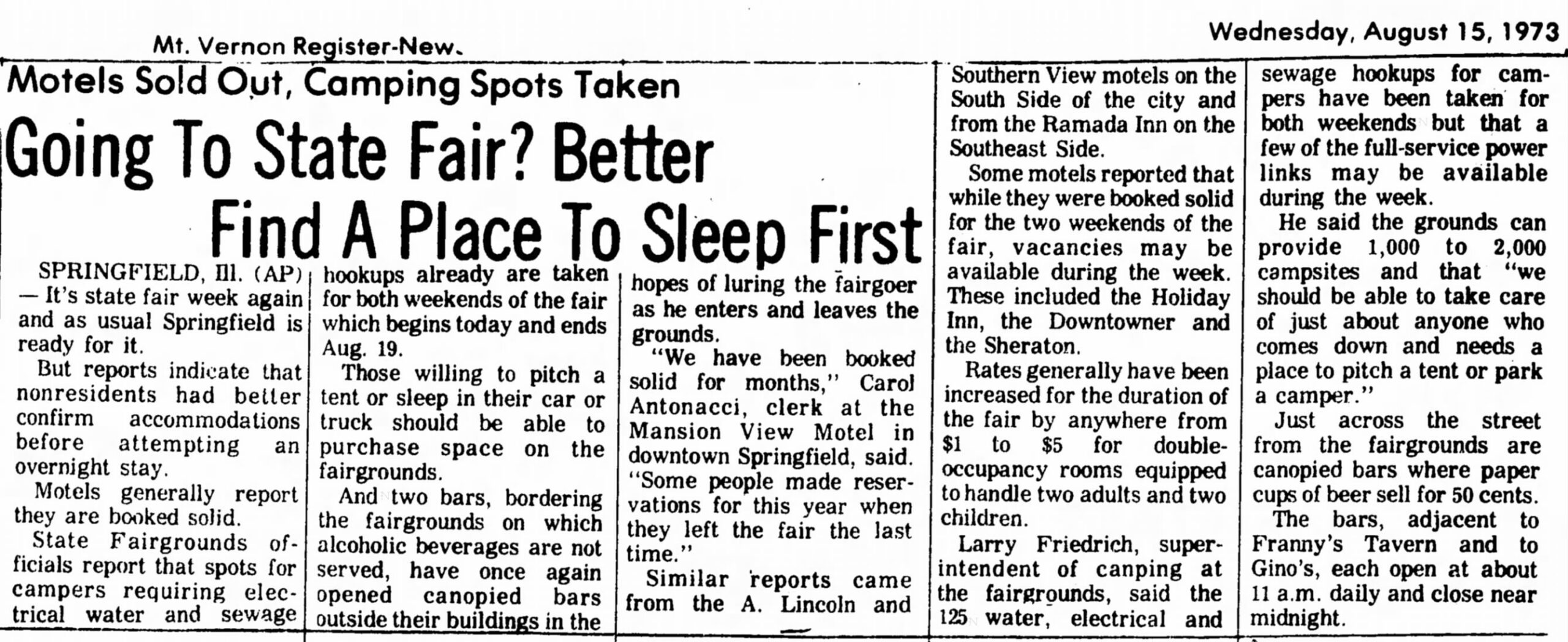 1973 Mt Vernon Register News AP story mentioning Franny's Tavern Springfield Illinois